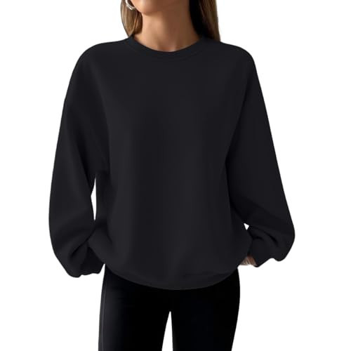 Womens Crewneck Sweatshirt Lightweight Oversized Sweatshirt Preppy Fleece Casual Plain Fall Hoodies Y2K Cozy Cotton Drop Shoulder Winter Tops Crewneck Sweatshirts Women Women's Sweatshirts, Black, M | Amazon (US)