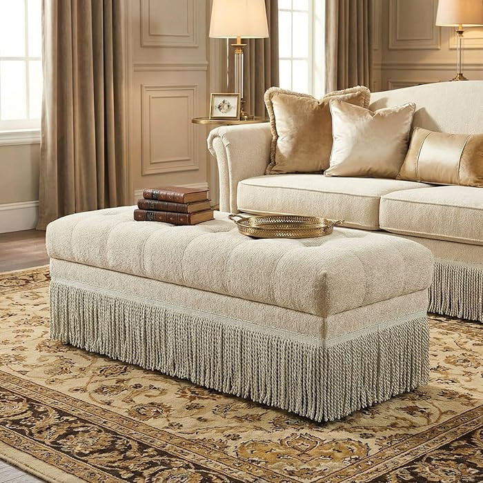 47" Beige Chenille Upholstered Bench for Bedroom End of Bed, Mid-Century Fringe Ottoman, Living R... | Amazon (US)