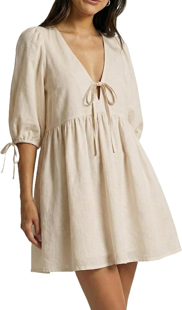 Women's Gingham Puff Sleeve Tie Front Babydoll Mini Dress | Amazon (US)