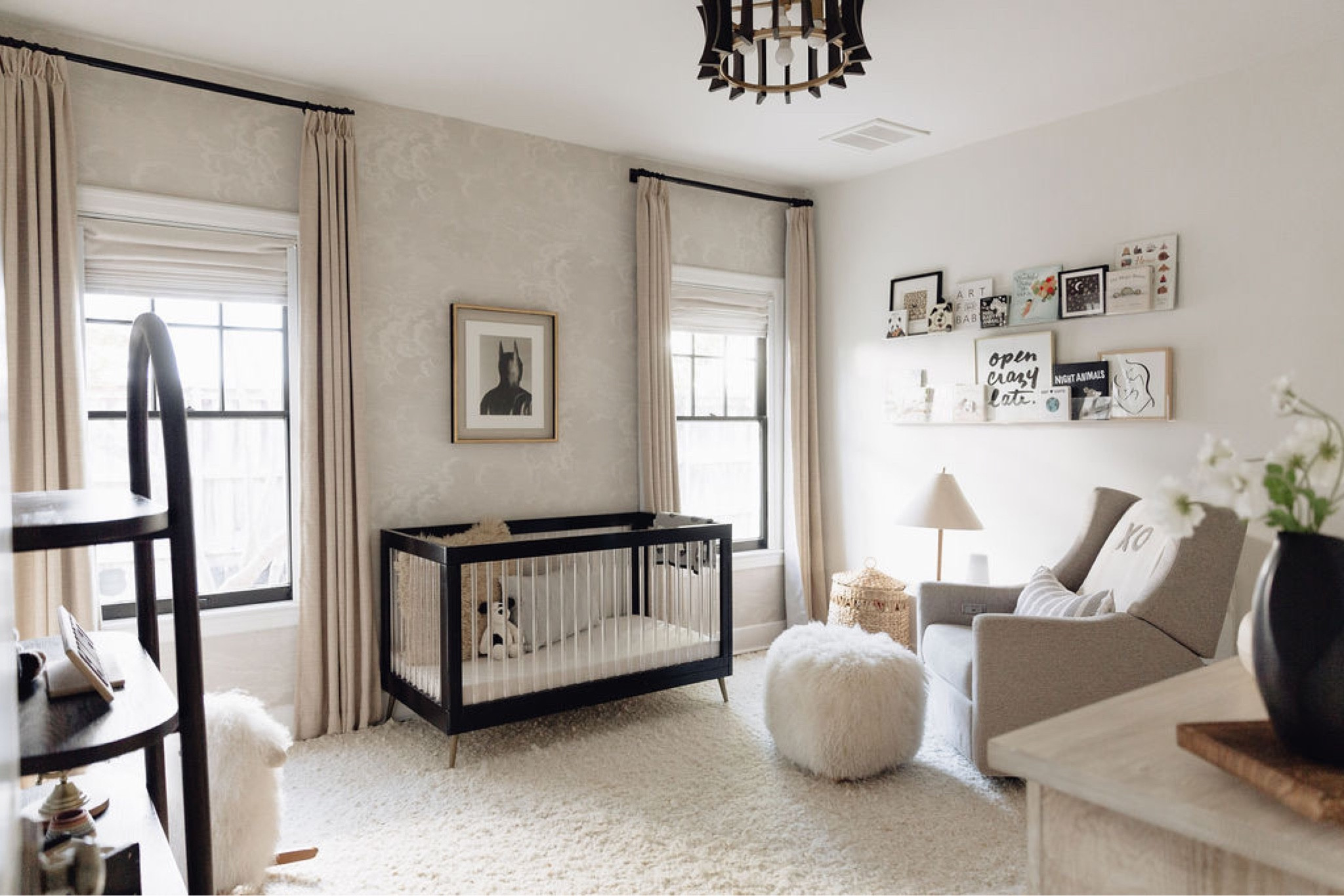 Nursery // Nursery decor, baby blanket, pillow covers, mirror, wall shelf, recliner, baby hamper, dresser, crib, rug, bookcase, wallpaper, table lamp, home decor, nursery ideas, neutral home decor, modern home decor 
