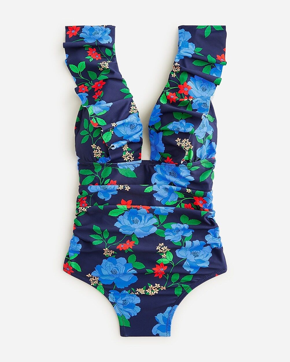 Ruffle V-neck ruched one-piece swimsuit in blue peony floral | J.Crew US