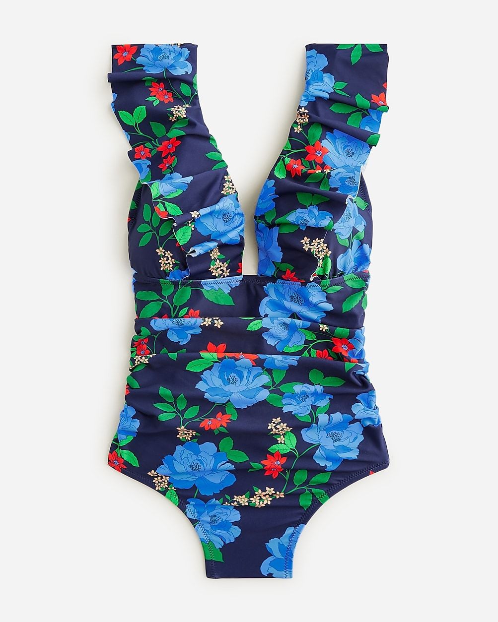 Ruffle V-neck ruched one-piece swimsuit in blue peony floral | J.Crew US