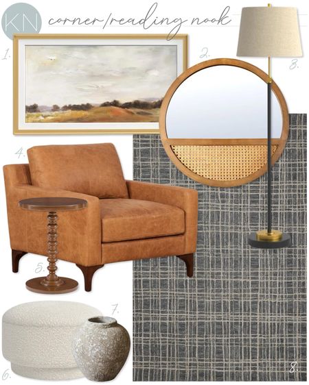 This reading nook design plan features warm tones and textures I the leather armchair, charcoal area rug, rattan mirror, earthenware vase and Sherpa ottoman. The pretty framed landscape print comes in multiple sizes and frame finish options and is an amazing value! home decor seating living room decor sitting room decor wall art Wayfair find side table floor lamp

#LTKstyletip #LTKhome #LTKsalealert