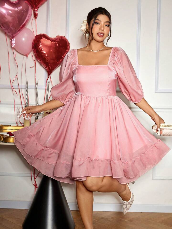 SHEIN Frenchy Plus Size Valentine Day Spring Casual Romantic Elegant Ruched A-Line Puff Dress Wit... | SHEIN