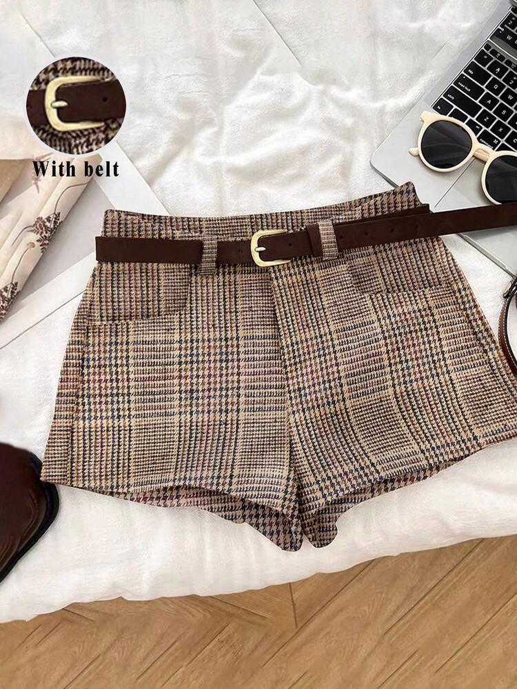 Franclia Retro Fashion All-Match Plaid Woolen Suit With Beltwinter Shorts Casual Shorts Autumn An... | SHEIN