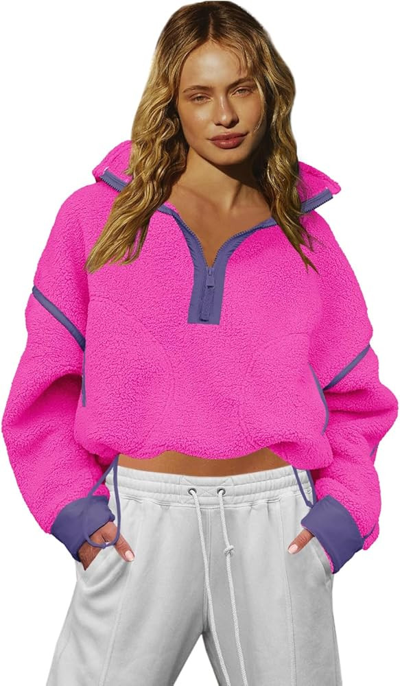 LAMISSCHE Half Zip Sweatshirt Women Oversized Sherpa Jacket V Neck Fleece Pullover Hoodie with Po... | Amazon (US)