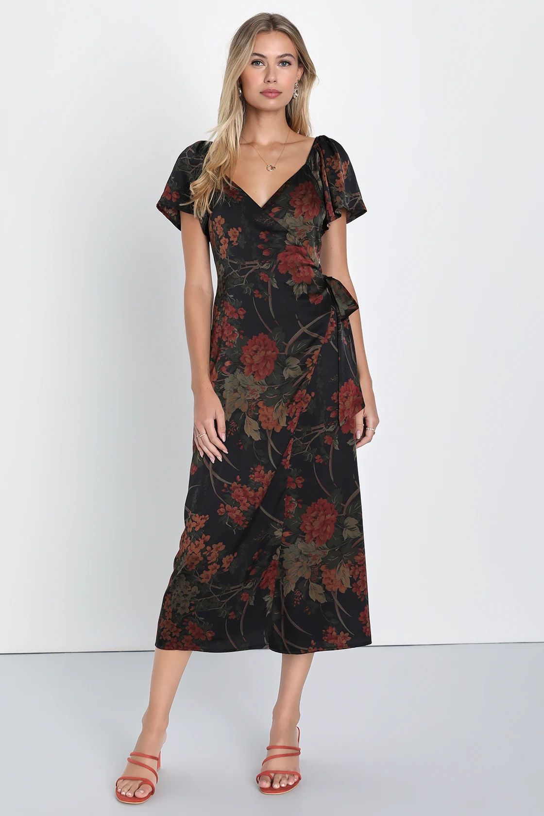 Subtle Elegance Black Floral Print Faux Wrap Midi Dress | Lulus (US)
