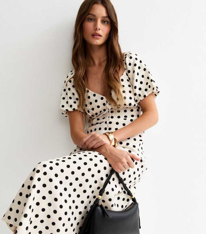 Cream Polka Dot Puff Sleeve Midi Dress | New Look | New Look (UK)