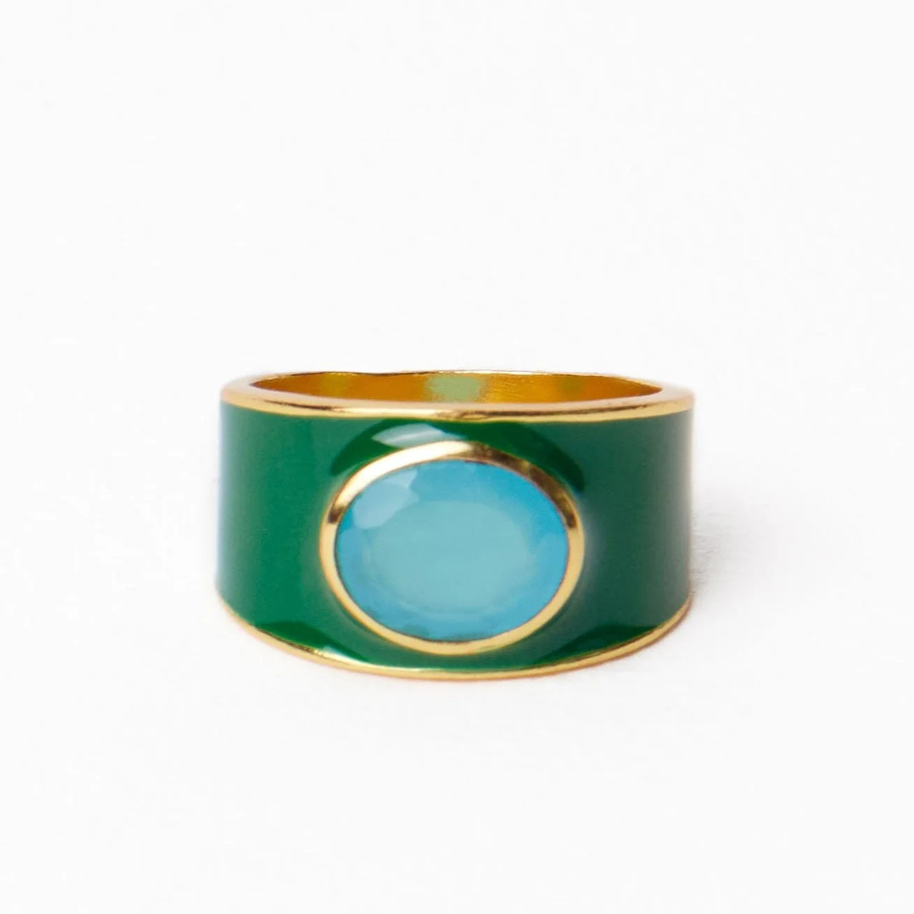 Hazel Oval Stone With Enamel Band Ring Green/Light Blue- Size 8 | INK+ALLOY