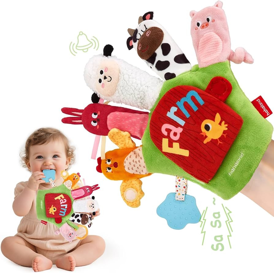 hahaland Baby Sensory Toys 6-12 Months – Montessori Farm Animal Hand Puppets with Rattle, Crink... | Amazon (US)