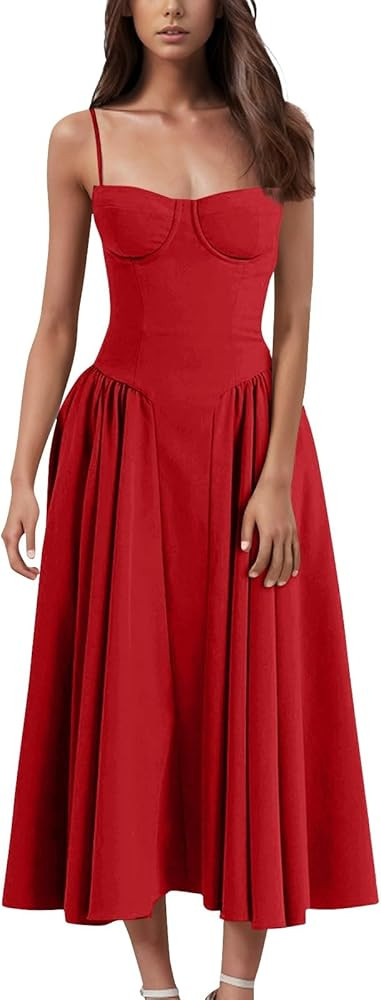 Womens Corset Dress Elegant Spaghetti Strap Bustier Midi Dress Flowy Pleated Hem Low Cut Prom Dre... | Amazon (US)