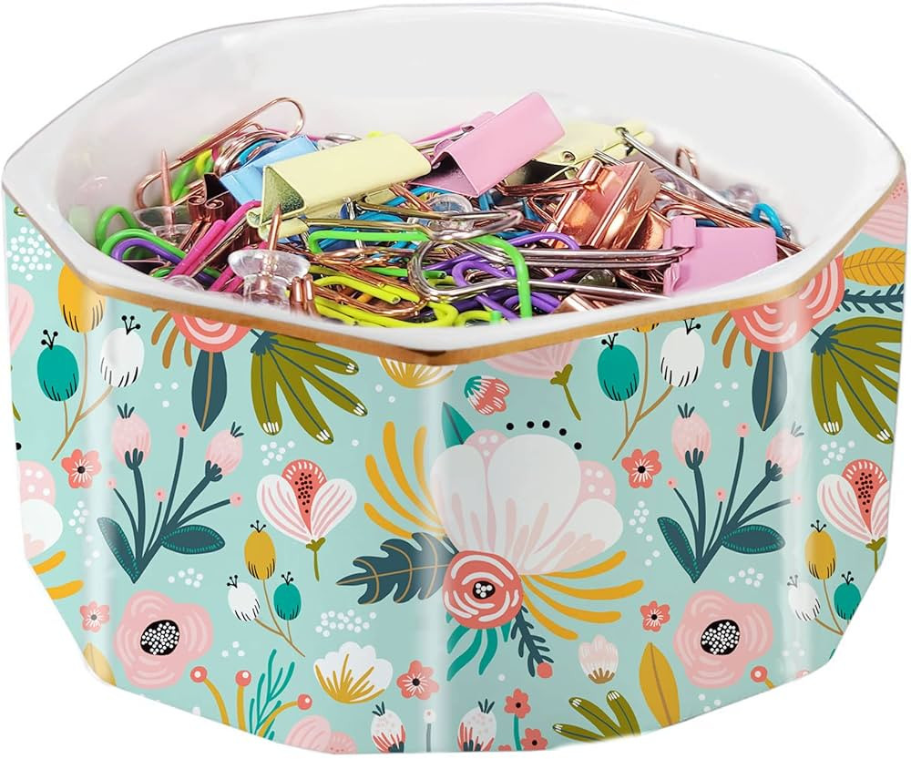 LEAZUL Ceramic Paper Clip Holder Gold Line Paper Clip Dispenser Organizer for Desk Cute Floral Pa... | Amazon (US)