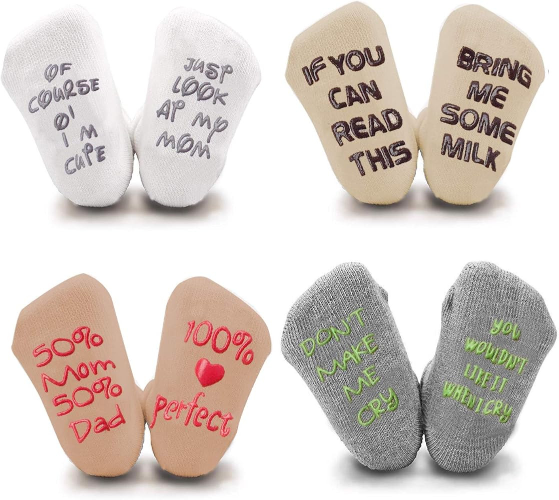 Unique Baby Socks Gift Set -Newborn Present or Baby Shower Gift -4 Pairs Unisex Anti-skid Quote C... | Amazon (US)