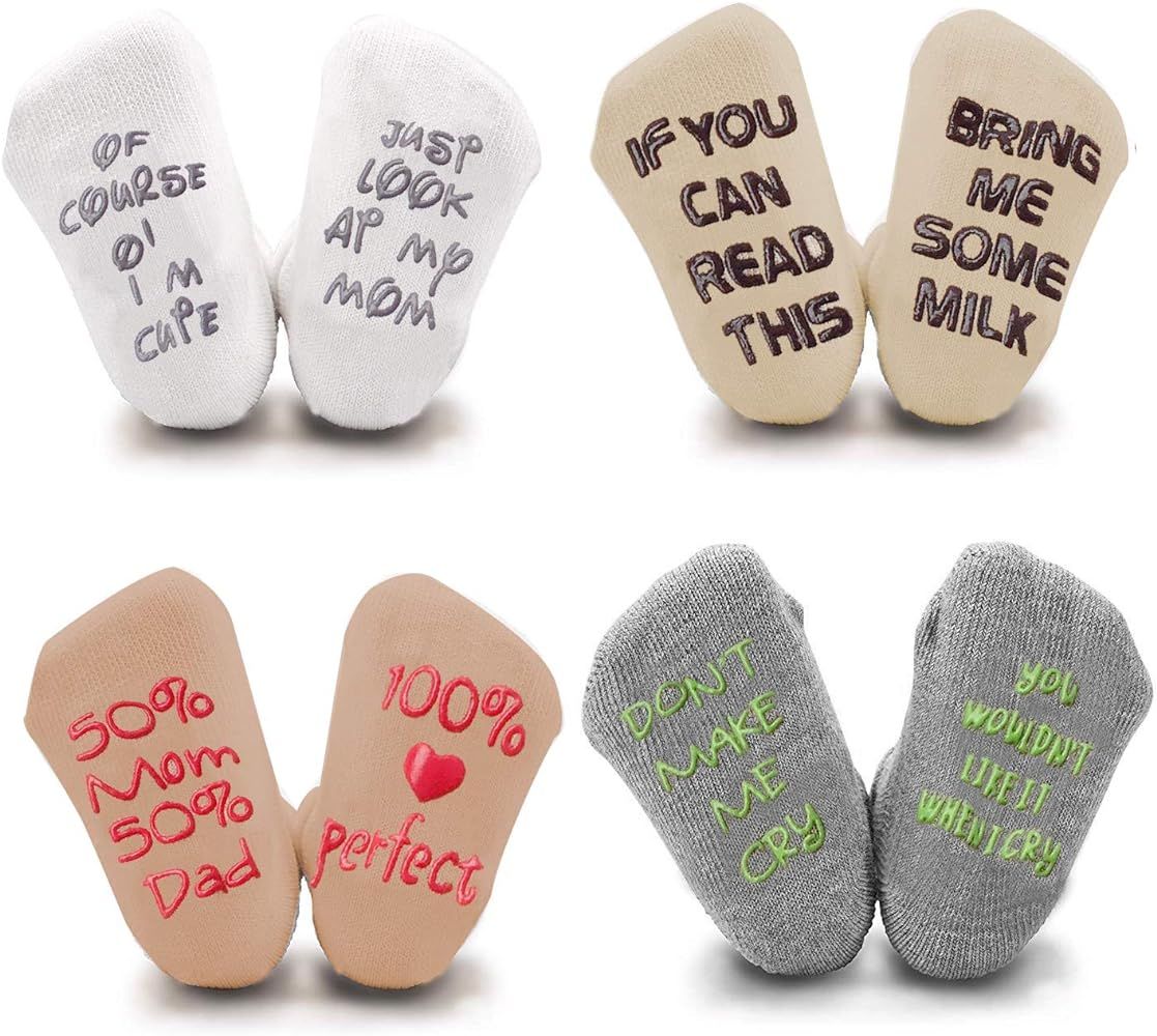 Unique Baby Socks Gift Set -Newborn Present or Baby Shower Gift -4 Pairs Unisex Anti-skid Quote C... | Amazon (US)