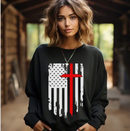 American flag with cross sweatshirt American pride USA Christian Faith God Bless US Fourth of July Mothers Day Fathers Day military veterans 

#LTKfamily #LTKstyletip #LTKfindsunder50