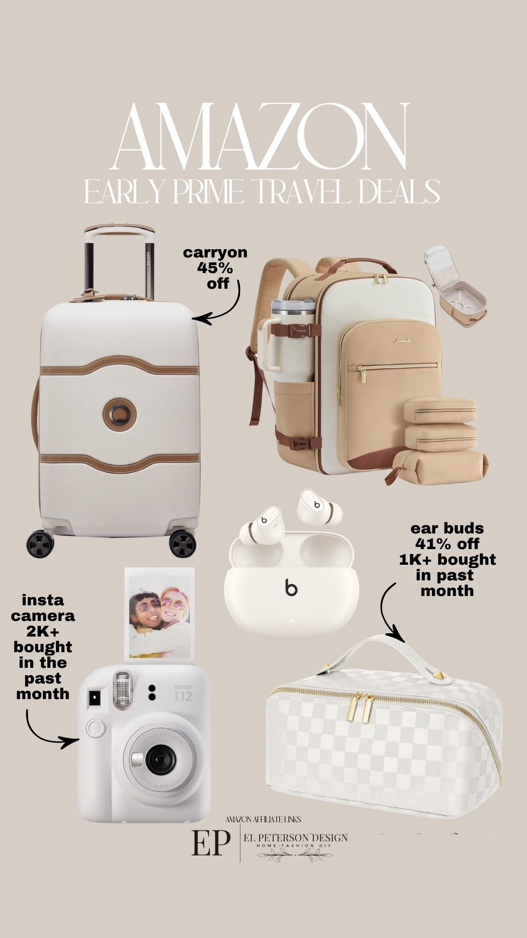 Amazon
Early Prime Deals
Luggage
Earbuds
Backpack
Camera
Makeup bag
