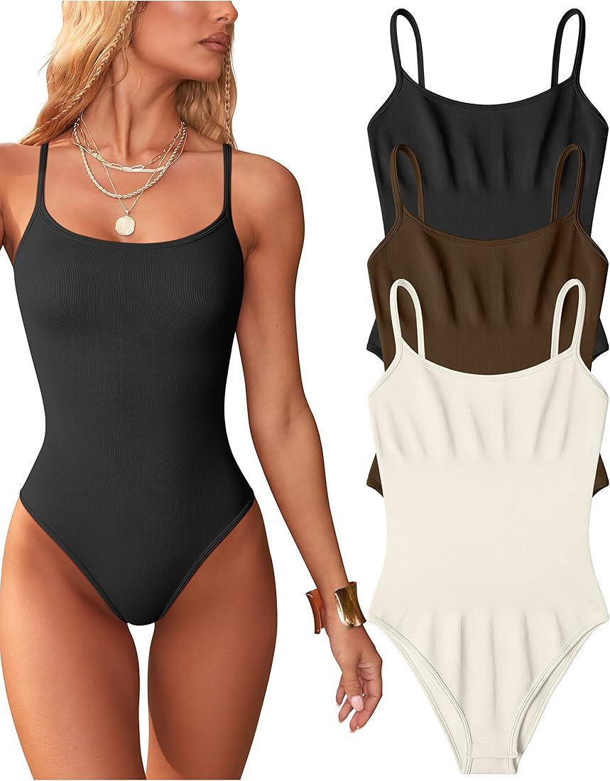 OQQ Women's 3 Piece Bodysuits Sexy One Piece Sleeveless Adjustable Spaghetti Strips Tops Bodysuit... | Amazon (US)