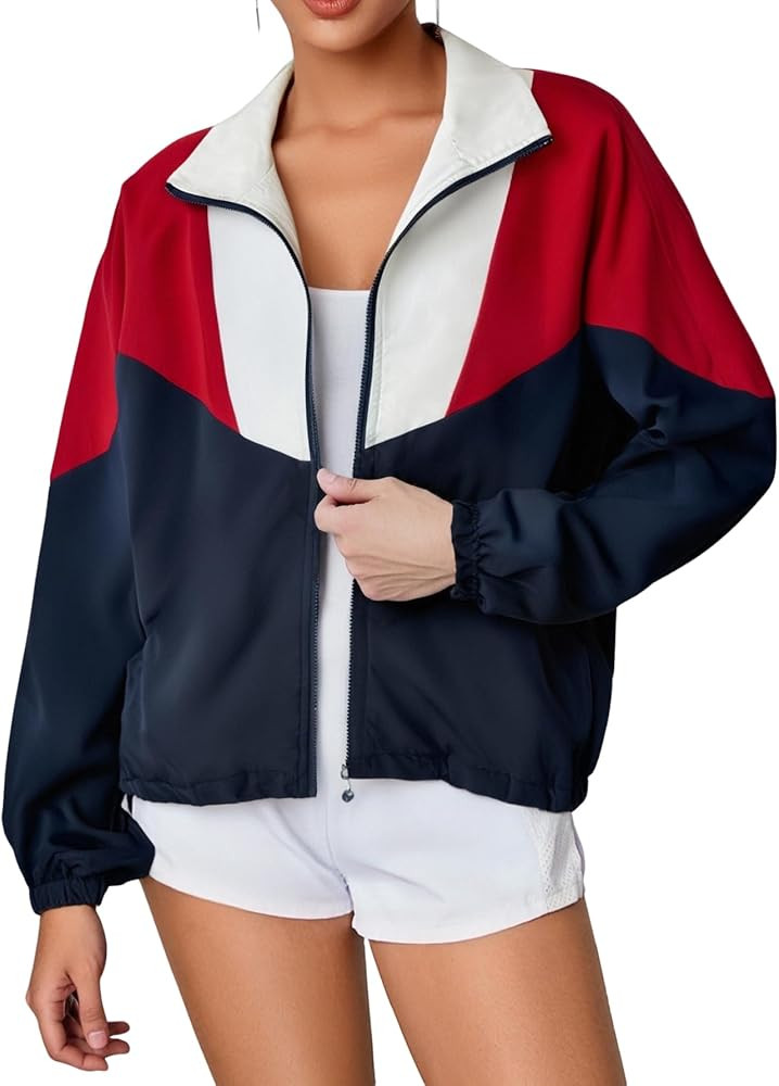 WDIRARA Women's Color Block Zip Up Lightweight Jacket Patchwork Sporty 80s Windbreaker Jacket | Amazon (US)