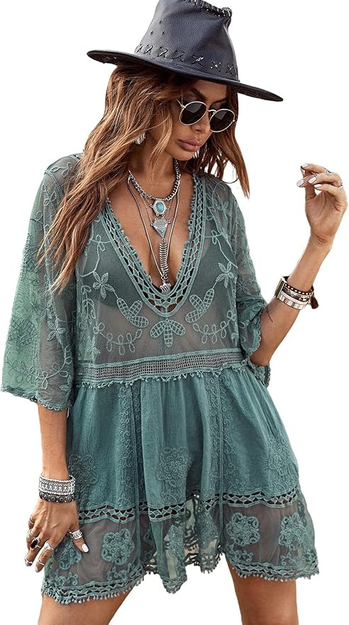 MakeMeChic Women's Short Sleeve Hollow Out Crochet Cover Up Dress Swimwear | Amazon (US)