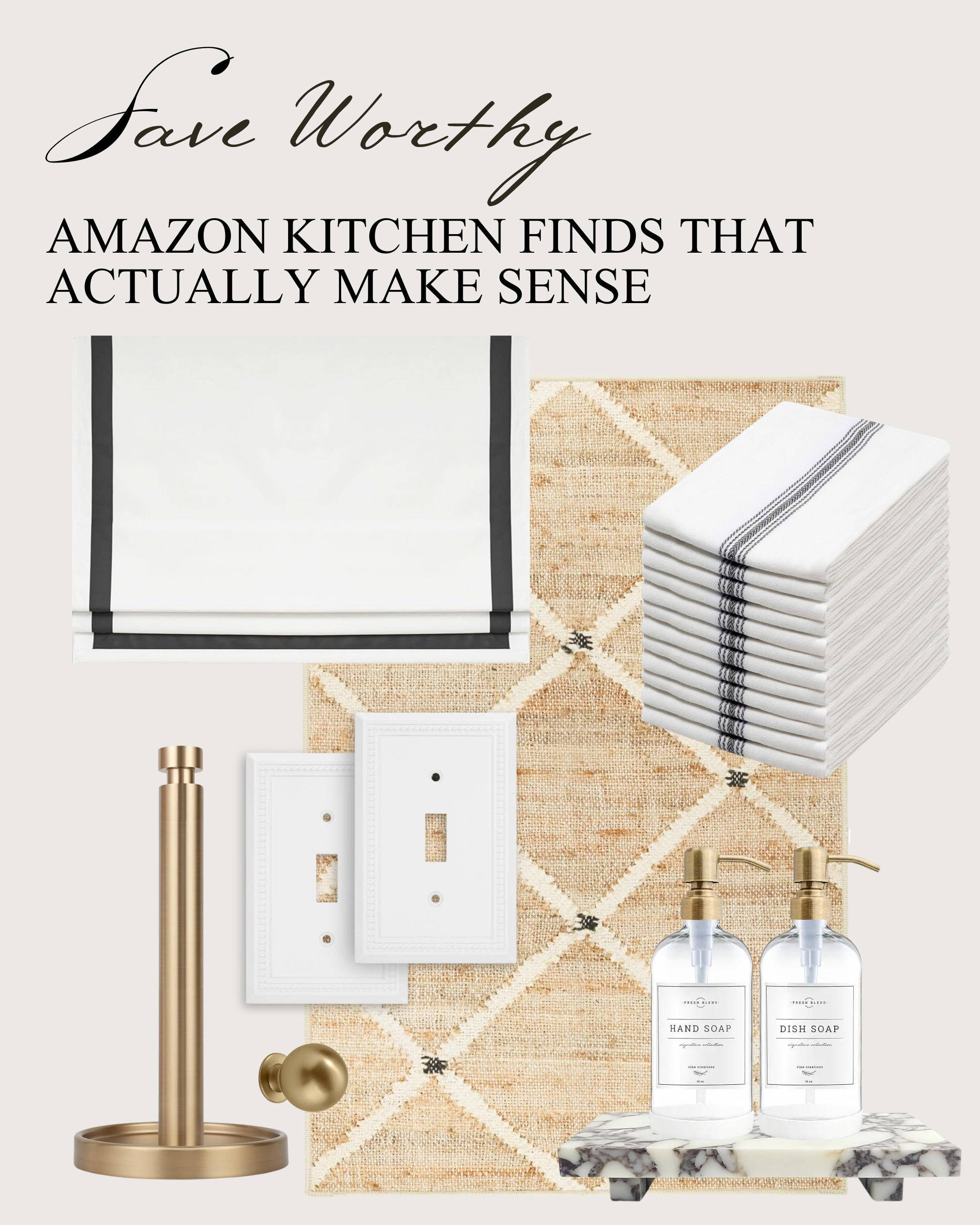 Amazon Kitchen Finds That Actually Make Sense 🤍

These are the quiet upgrades that make your kitchen feel intentional — not cluttered. Think elevated everyday essentials that look custom, but ship in two days.

• Crisp, tailored roman shade (instant polish without blocking light)
• Neutral runner to warm up hard flooring
• Brass paper towel holder + coordinating knob for subtle cohesion
• Decorative outlet covers (yes, details matter)
• Marble soap tray + matching glass dispensers
• Classic striped kitchen towels that always look clean

None of this is trendy. None of it is loud.
It’s just smart layering, warm metals, and texture doing the heavy lifting.

If your kitchen feels “fine” but not finished… this might just be the fix!

Amazon kitchen decor • neutral kitchen styling • brass kitchen accents • small kitchen upgrades • designer Amazon finds 

 

#LTKHome