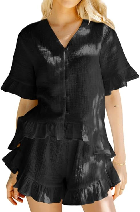 Womens Ruffle Short Set Cotton 2 Piece Sets Fashion Summer Short Sleeve Button Down Top and Short... | Amazon (US)