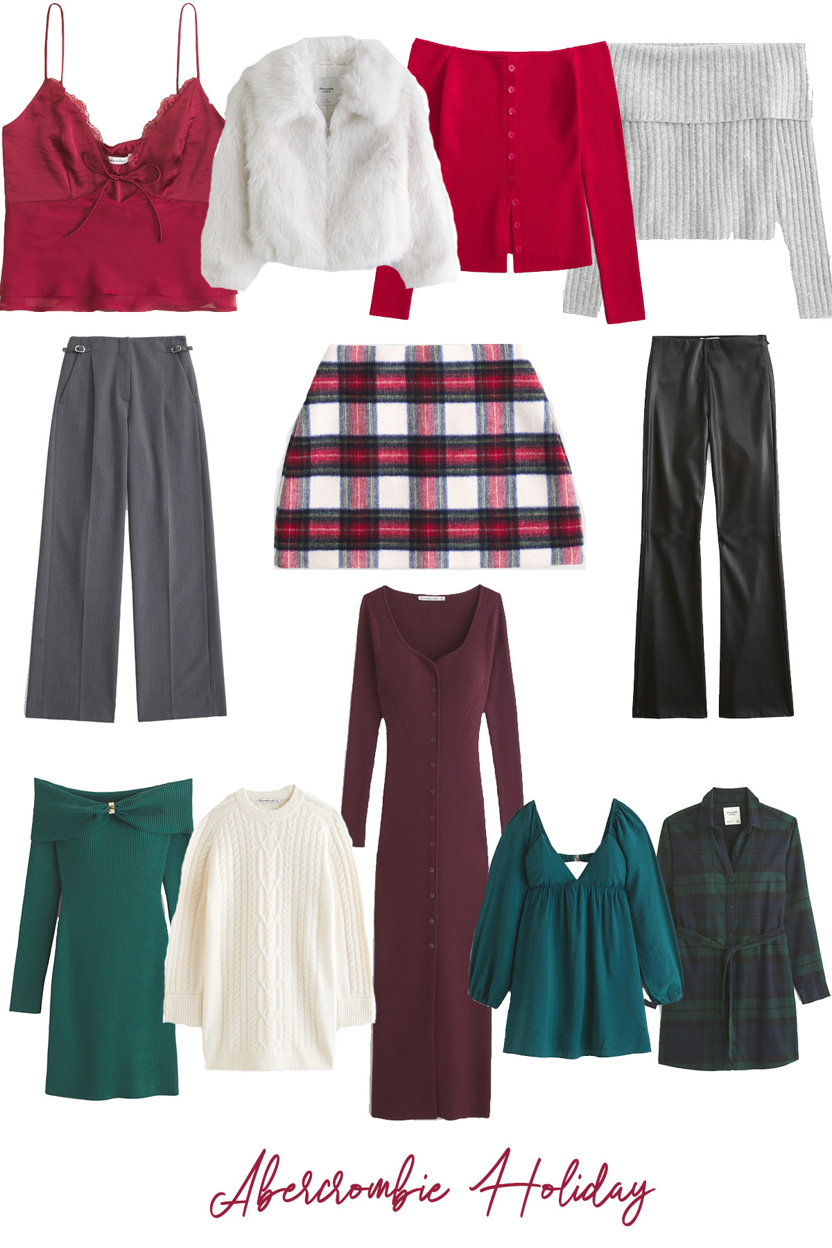 Abercrombie Christmas Outfits

These pieces from Abercrombie incorporate holiday color and texture without relying on overt prints (perfet if you describe your style as contemporary). Key trends featured are a strong focus on rich, solid colors like deep emerald green and wine-hued burgundy, contrasting with classic holiday red, black, and sharp gray.

To style these looks for a holiday event, pair the red satin cami with the gray wide-leg trousers and a delicate heel for a chic, understated dinner party look. Wear the burgundy ribbed maxi dress with gold jewelry and a simple black boot for a sophisticated, comfortable Christmas Day outfit. The playful plaid mini-skirt and the gorgeous green off-the-shoulder mini-dress offer brighter, bolder options that remain fashion-forward. 

 #LTKCyberWeek #LTKGiftGuide #LTKHoliday