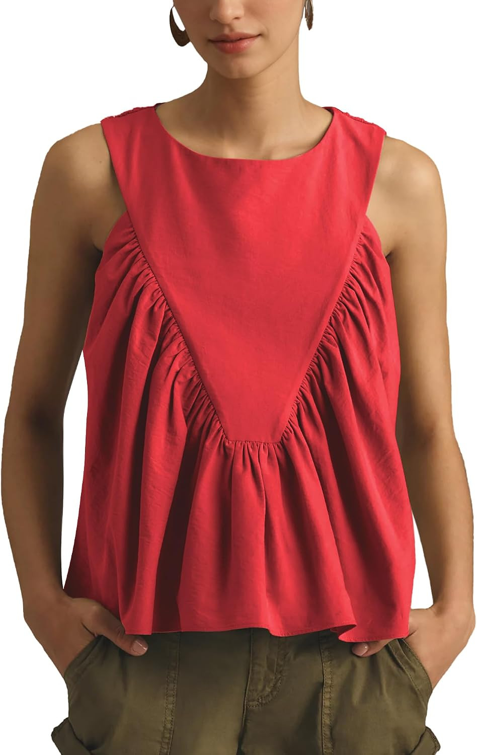Hixiaohe Shirred Swing Tank Tops for Women Fashion Flowy Sleeveless Shirts Casual Crew Neck Blouse Loose Fit Ruffled Tops | Amazon (US)