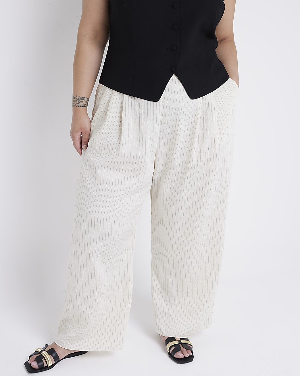 Plus Cream Wide Leg Stripe Trousers | River Island UK & IE