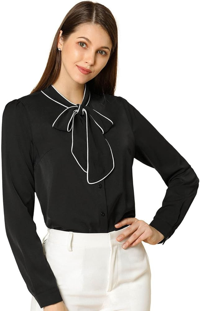 Allegra K Women's Work Blouse Tie Neck Long Sleeve Shirts Button Down Elegant Office Business Top... | Amazon (US)