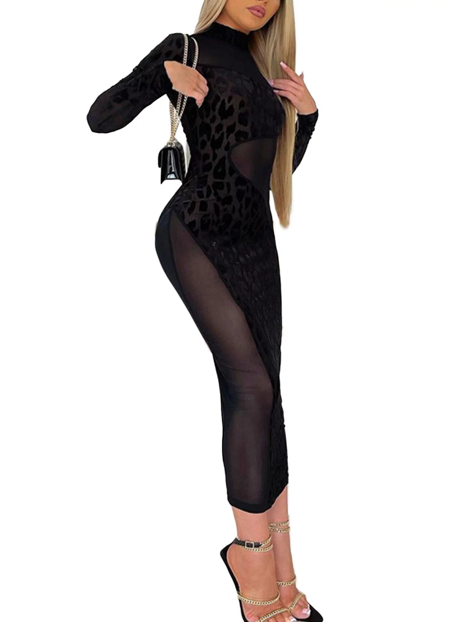 SAYOO Women Leopard Dress High Neck Elastic See-Through Mesh Street Party Casual Black Midi | Walmart (US)