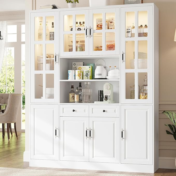 Kitchen Pantry Storage Cabinet with LED Lights, 78.7" Tall with Glass Doors & Drawers, Freestandi... | Amazon (US)