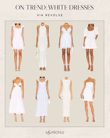 White Dresses via Revolve🤍 spring dresses, summer dresses, white dress, white maxi dress, white midi dress, white mini dress, white summer dresses, Revolve dresses, vacation outfits