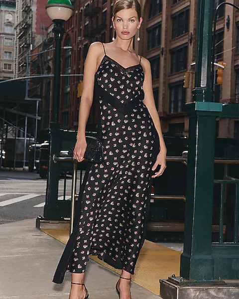 Satin Floral Lace Pieced V-neck Maxi Sheath Dress | Express