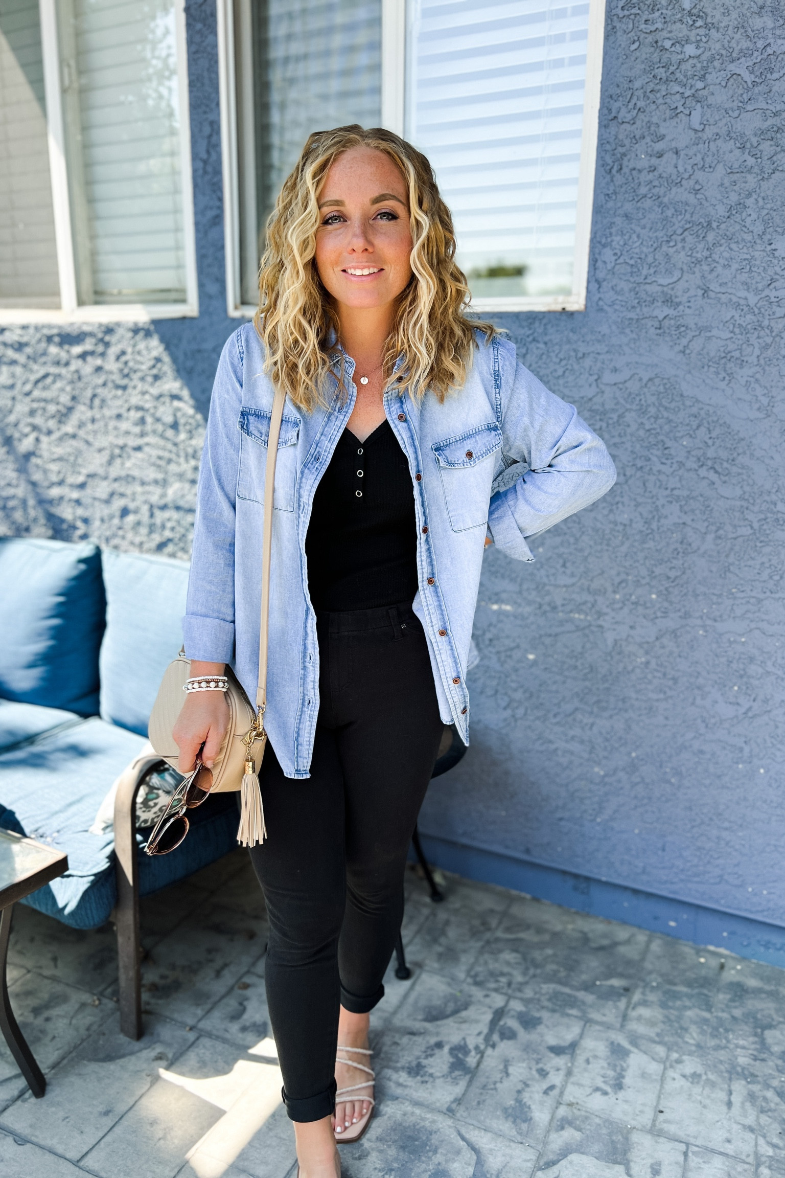 Casual outfit with a black bodysuit, black jeans, chambray button down, and embellished sandals. Everything fits TTS. 
//Amazon outfit ideas, casual outfit ideas, casual fashion, amazon fashion, found it on amazon, amazon casual outfit, cute casual outfit, outfit inspo, outfits amazon, outfit ideas, Womens shoes, amazon shoes, Amazon bag, purse, size 4-6, early spring outfits, winter to spring transition outfit, amazon sandals, #ltkitbag #ltksalealert #ltkfindsunder100 

#LTKfindsunder50 #LTKshoecrush #LTKstyletip