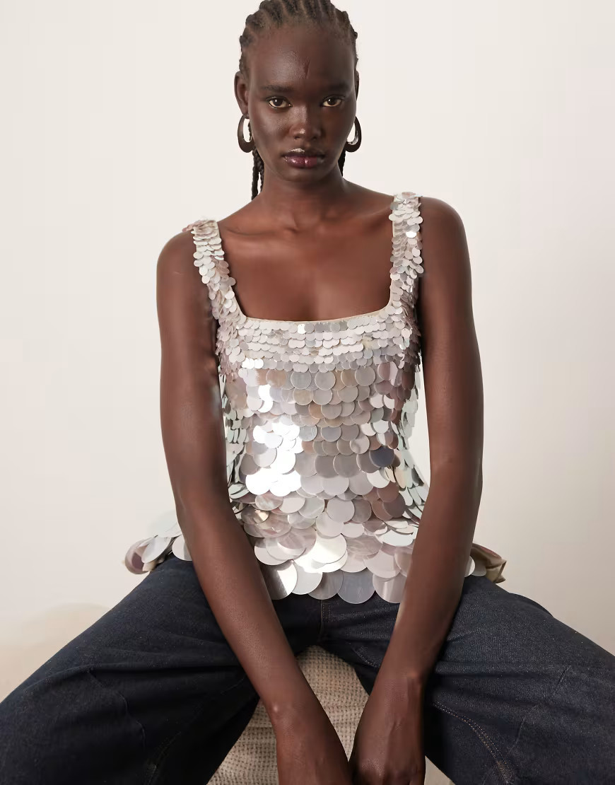 ARRANGE embellished disc sequin square neck top in silver | ASOS (Global)