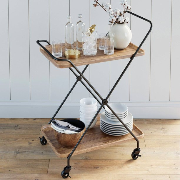 Nathan James Hallie Retro 2-Tray Beige Mid-Century with Black Metal Finish Rolling Bar Cart or Se... | Walmart (US)
