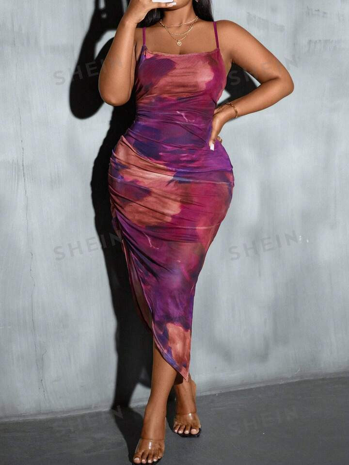 SHEIN SXY Plus Tie Dye Ruched Asymmetrical Hem Cami Dress | SHEIN
