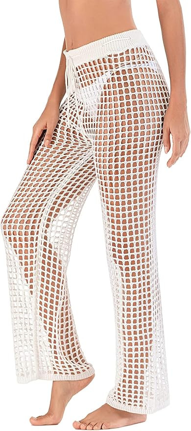 ZAFUL Women's Cover Up Pants Crochet Hollow Out Beach Pants Drawstring Elastic High Waist Straigh... | Amazon (US)