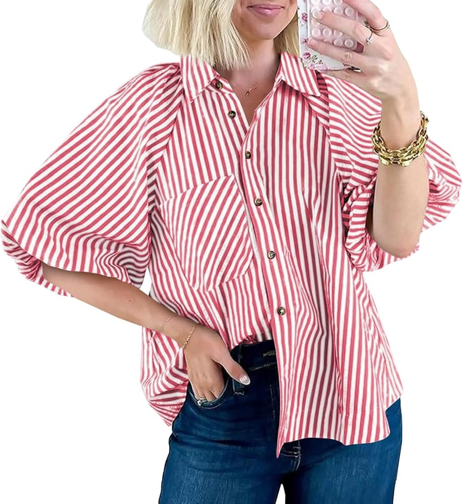 Tankaneo Womens Short Puff Sleeve Button Down Shirts Striped Trendy Casual Loose Fit Blouse V Nec... | Amazon (US)