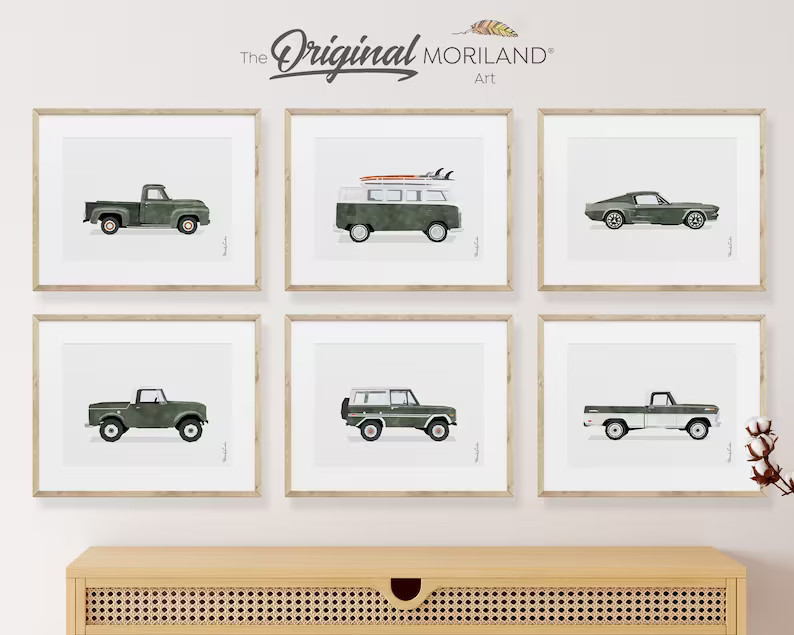 Dark Green Classic Cars Art Prints - Printable Set of 6, Car Poster, Boy Nursery Decor, Car Print... | Etsy (US)