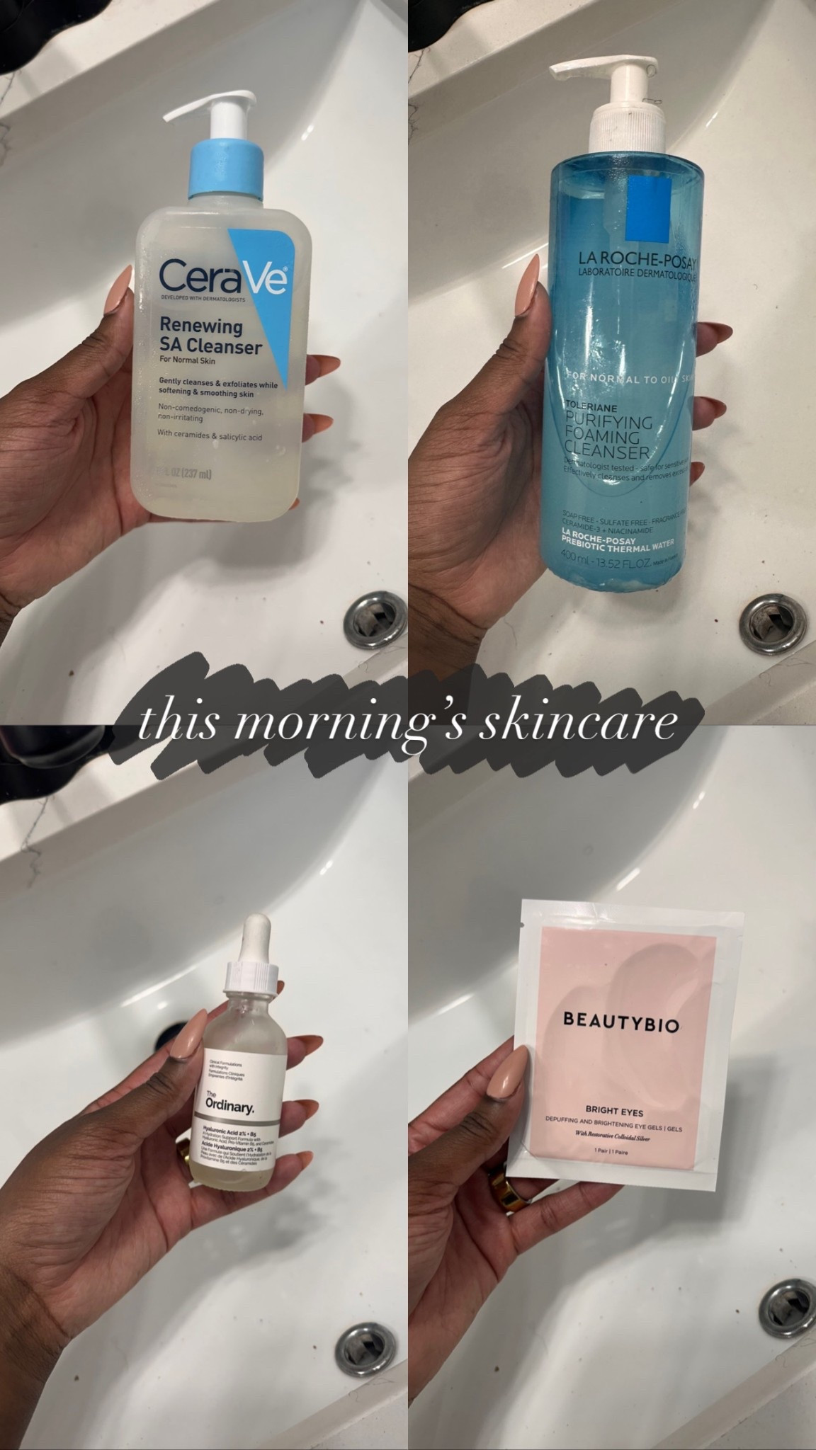 this morning’s skincare! I’ve recently been double cleansing — starting off with the CeraVe Renewing SA Cleanser & following up with La Roche Posay Purifying Foaming Cleanser & I’ve been liking it! since i was applying my eye patches, I don’t use my usual moisturizer, I’ll do that after! 

#LTKmorningroutine #LTKselfcare