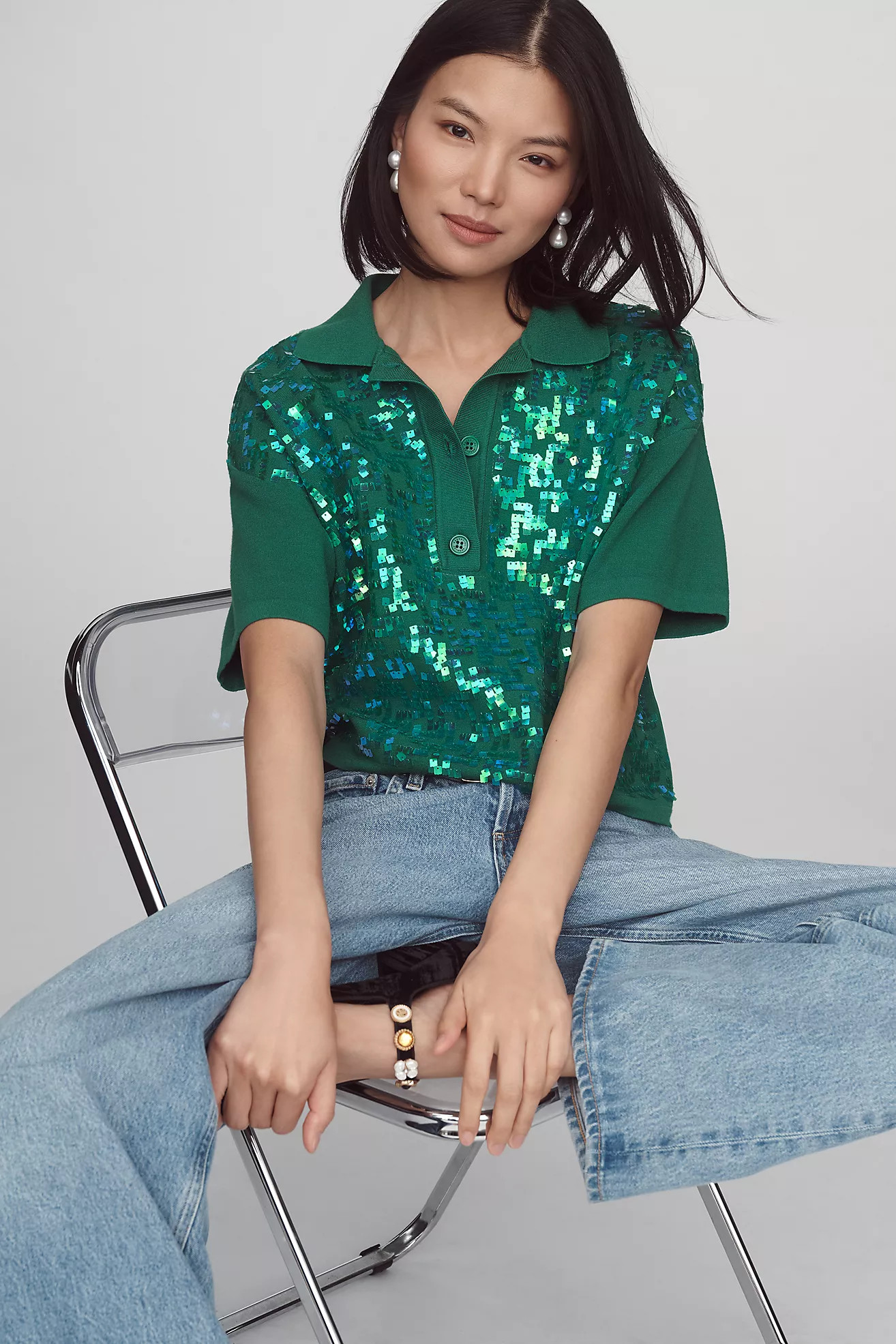 Essentiel Antwerp Glitz Sequin Polo Sweater | Anthropologie (US)