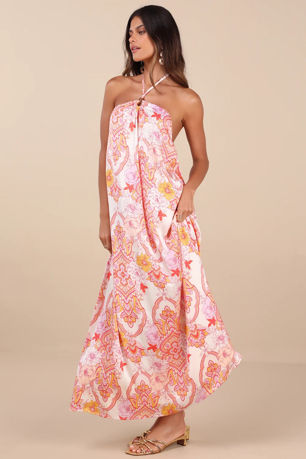 Nikoletta Coral Pink Multi Paisley Print Halter Maxi Dress | Lulus