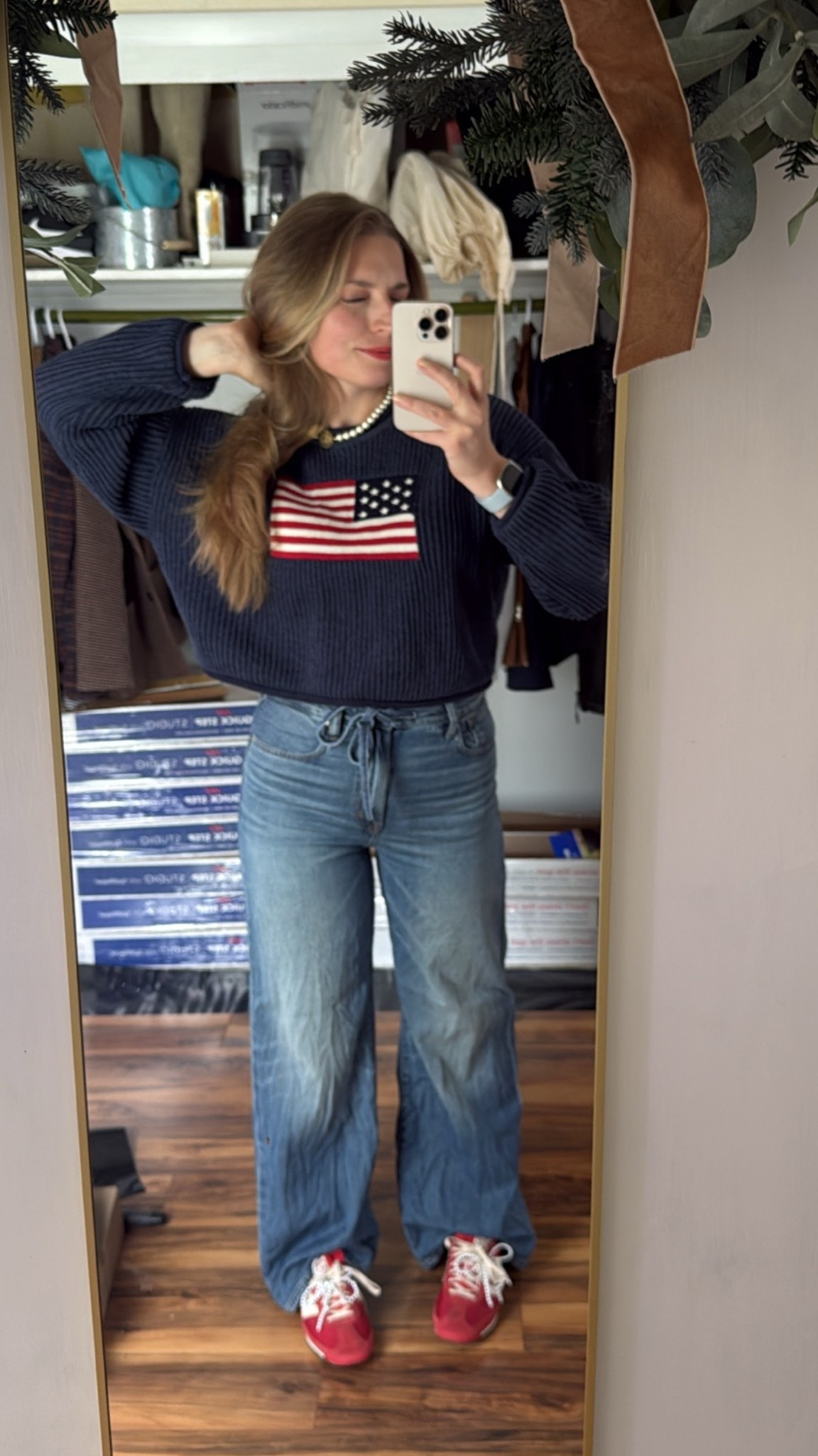 Coastal grandma, flag sweater, Americana, wide leg jeans, adidas, red sneakers, patriotic

#LTKootd #LTKxMadewell