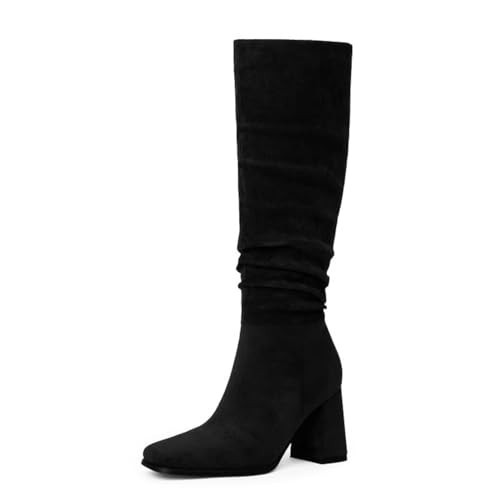Modatope Black Knee High Boots Chunky Heel Suede Slouchy Boots for Women Block Heel Size 6.5 | Amazon (US)