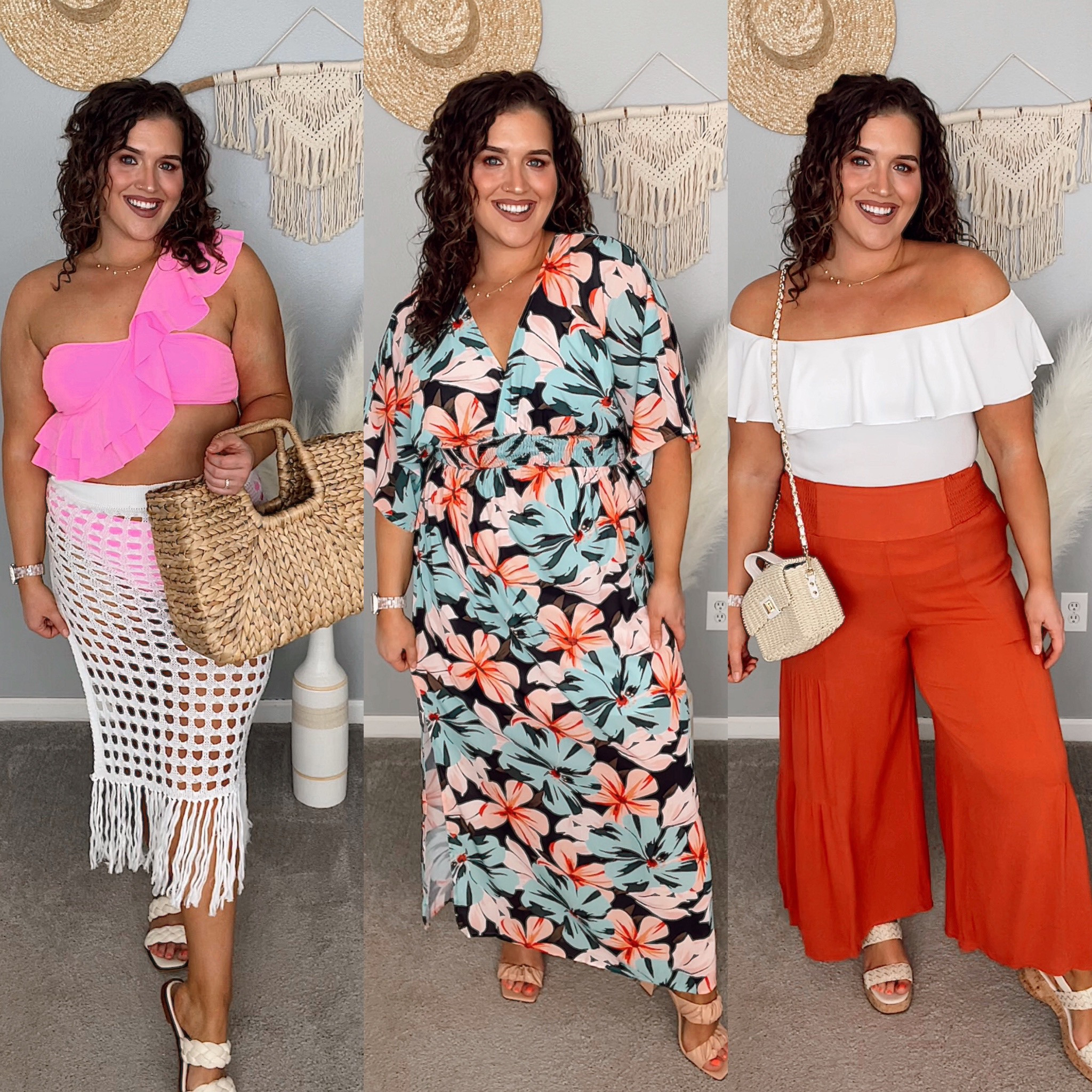 Midsize beach vacation Amazon outfit inspo 🏝️🍹🌊 
Bikini, crochet, dress, floral, maxi dress, swimwear, vacation style, summer style, sandals, wide leg pants 
Swimsuit: XL 
Coverup skirt: L 
Dress: L 
Off the shoulder top: XL 
Pants: XL 
#midsizeoutfits #beachstyle #vacationoutfits #beachvacation #swimsuit #bikini #coverup #crochet #skirt #sandals #dresses #maxidress #offtheshoulder #strawbag #handbag #widelegpants #heels #boho #wedges 

#LTKcurves #LTKSeasonal #LTKstyletip