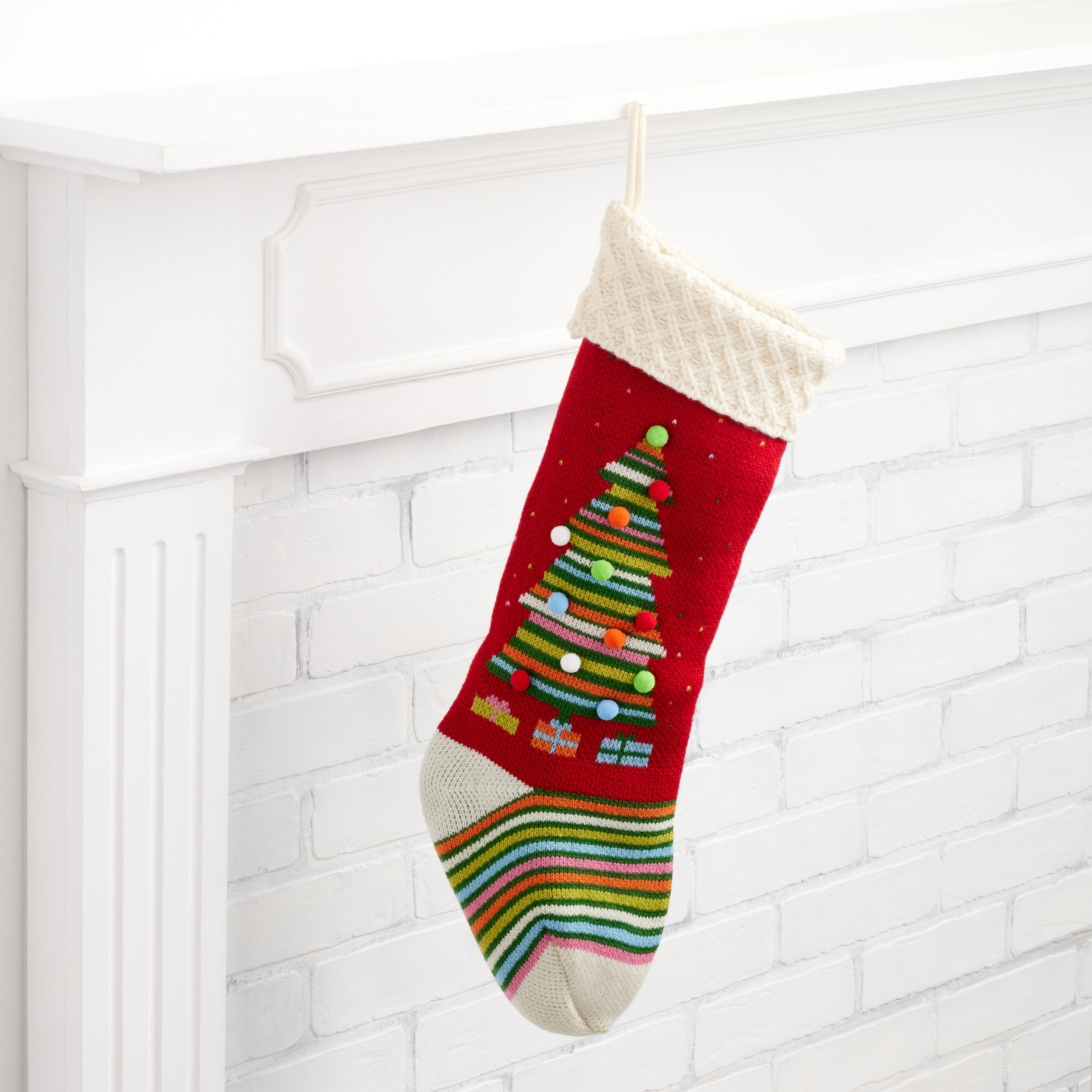 Red And Ivory Knit Striped Tree Christmas Stocking | World Market