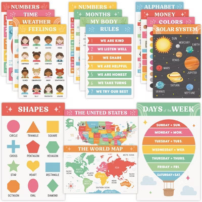 Fun Educational Posters for Toddlers 1–3 - Set of 16 Learning Posters for Classroom or Home - Laminated Wall Charts with ABC, Numbers, Colors, Shapes | Target