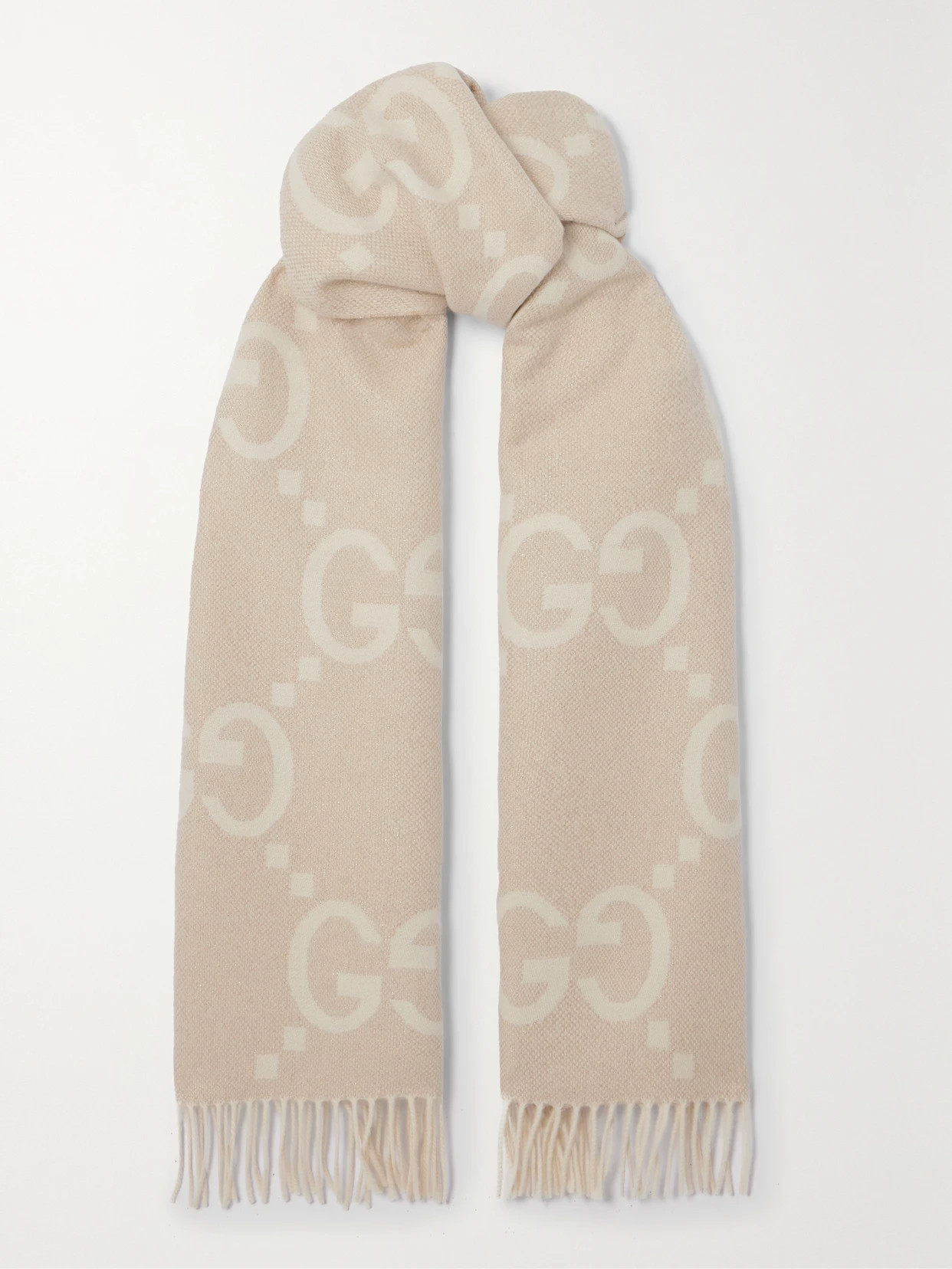 Gucci - Fringed Metallic Cashmere-blend Jacquard Scarf - Neutrals | NET-A-PORTER (US)