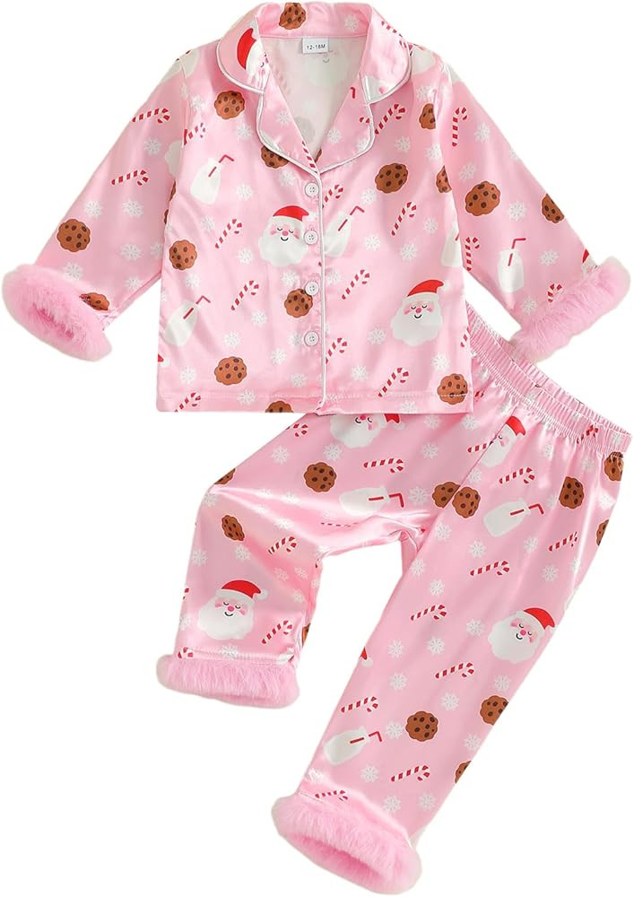 Kuriozud Kids Toddler Girl Christmas Pajamas Fuzzy Trim Long Sleeve Button Down Shirt Top and Pan... | Amazon (US)